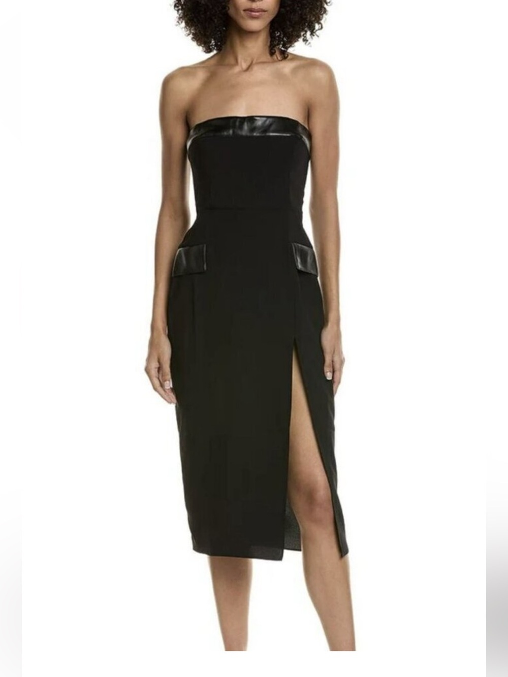 NWT Women’s AMANDA UPRICHARD Strapless Black Leather Trim Midi Dress (Large)